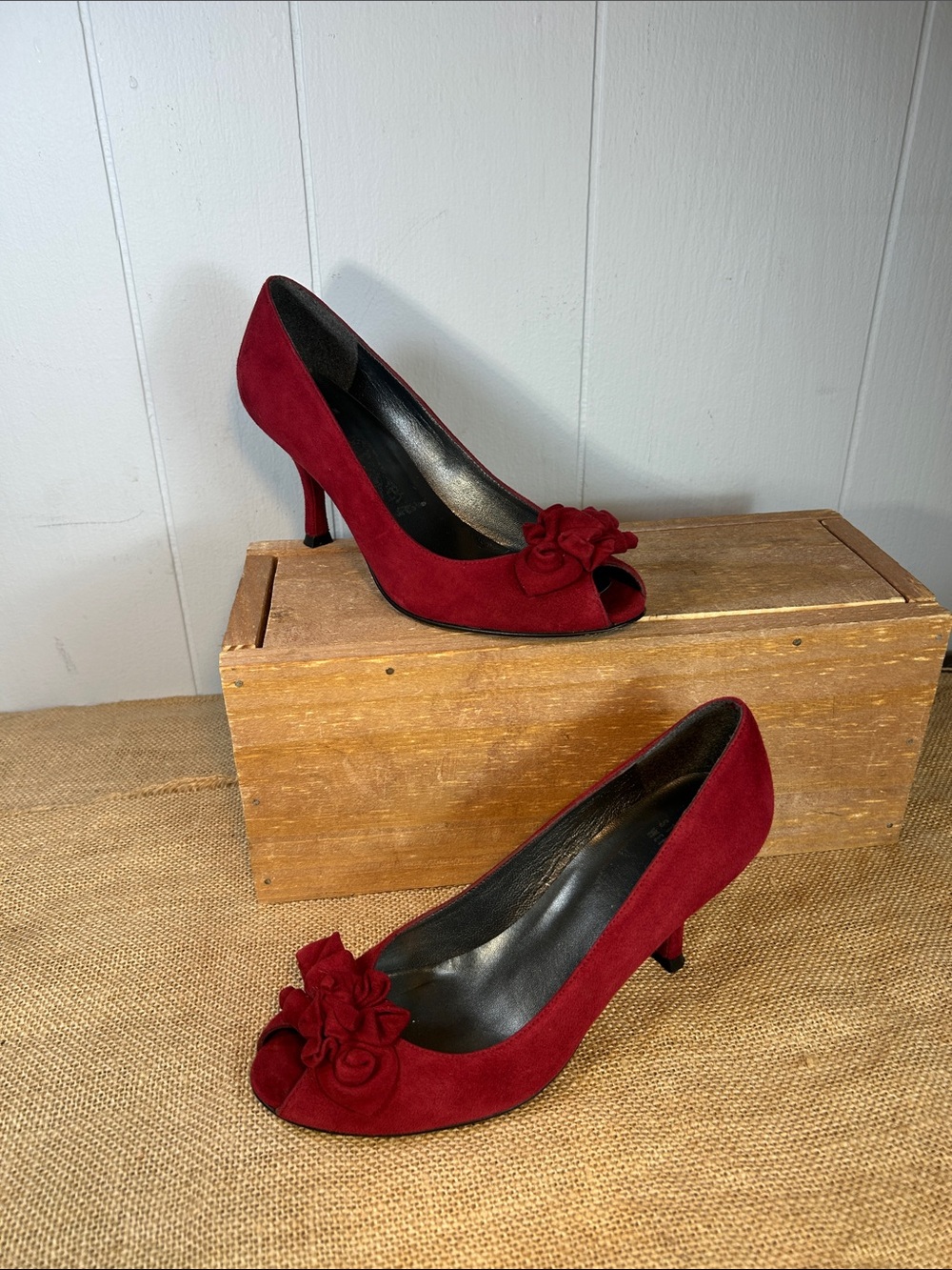 Stuart Weitzman Red Suede Peep-Toe Heels with Floral Accent